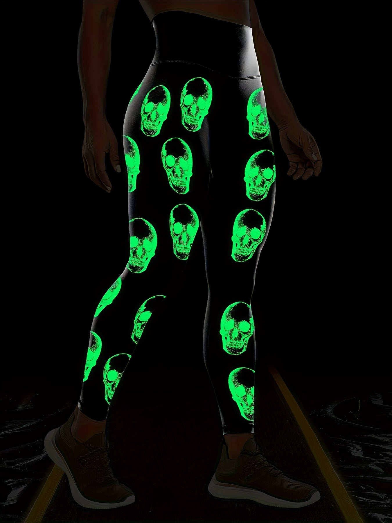 Skull Print Glow-in-the-Dark Leggings High Waisted Elastic Leggings