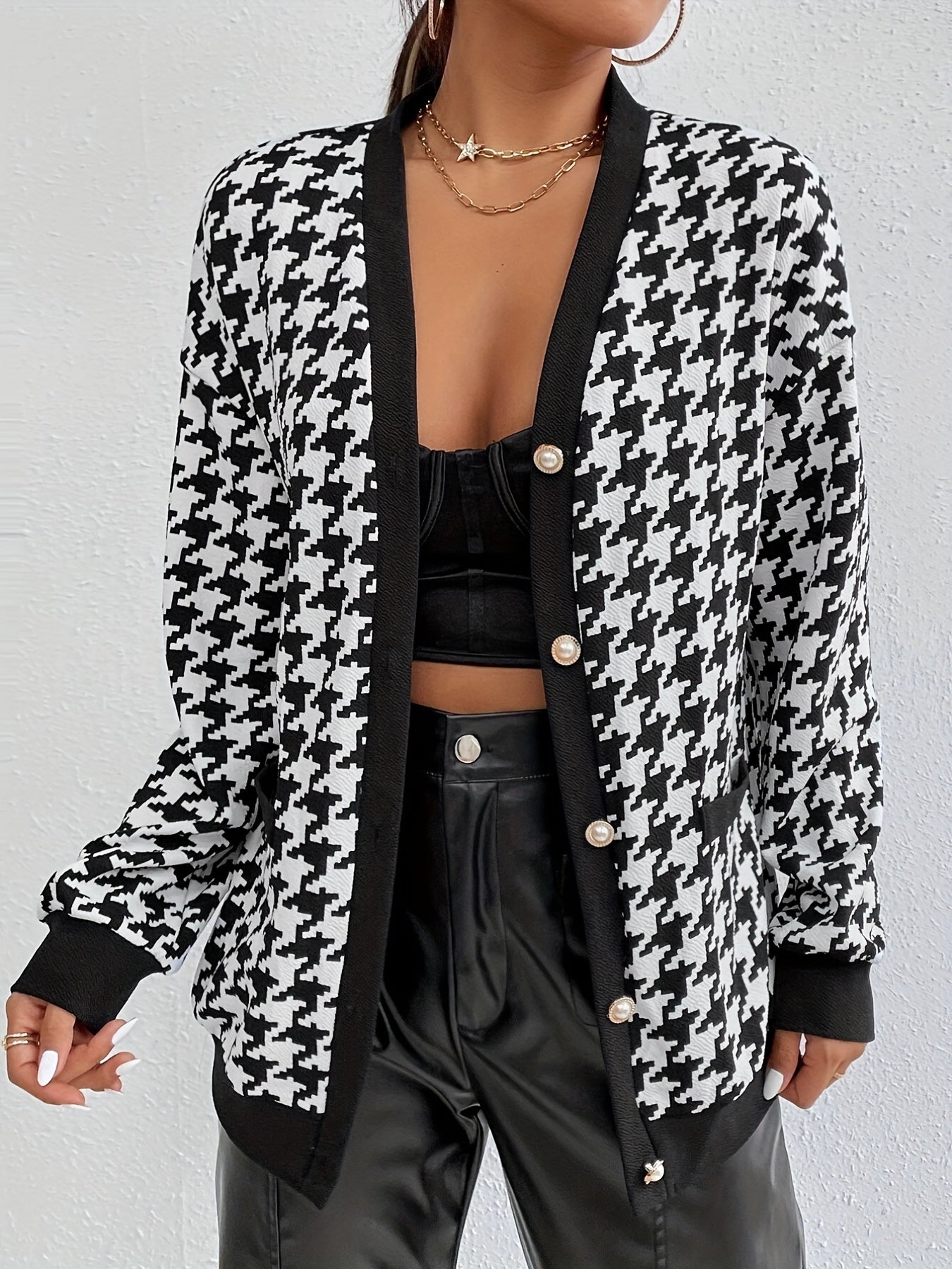 Button Plaid Contrast Trim Jacket for Women
