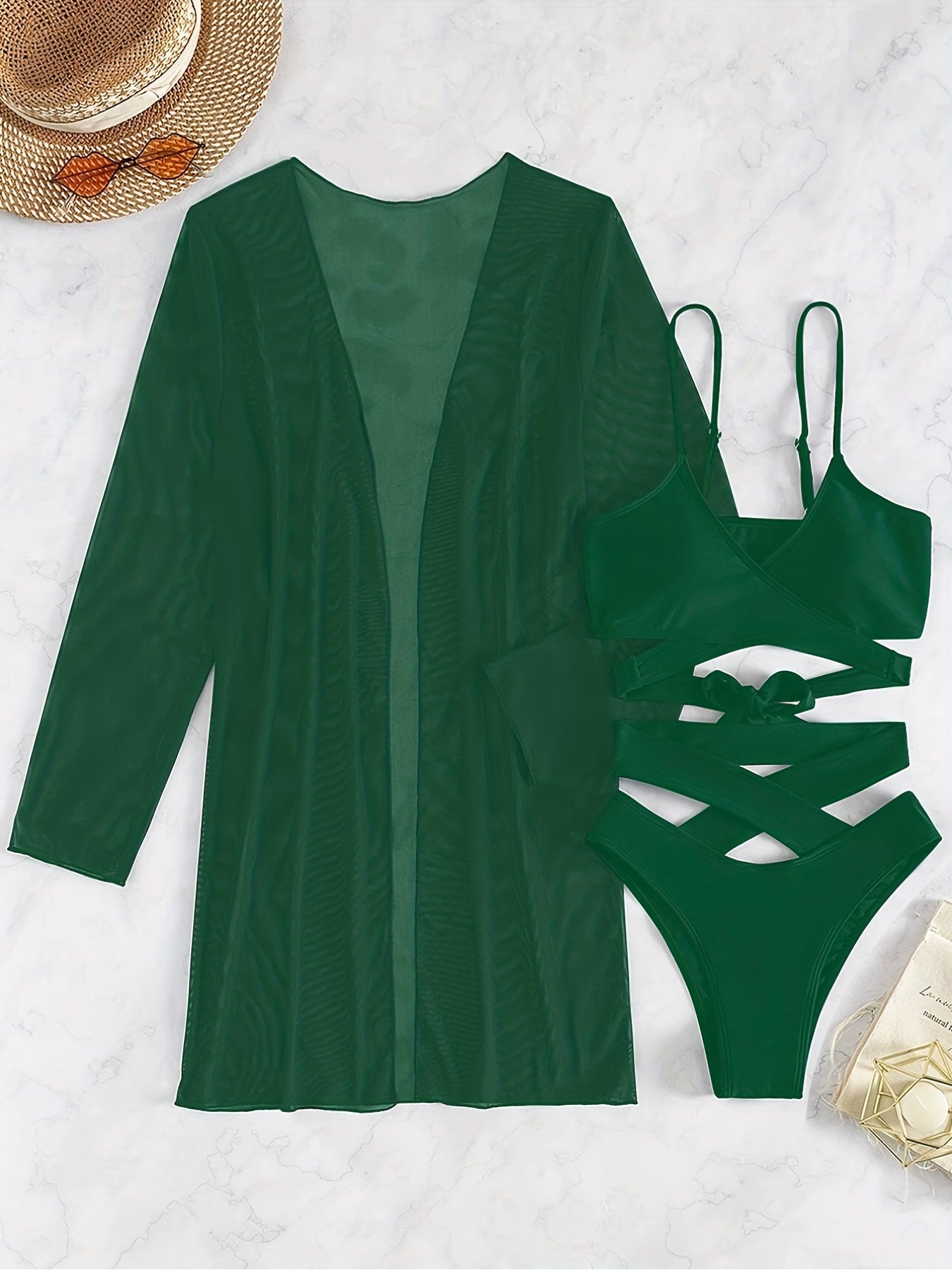 V Neck Bikini Sets Criss Cross Strap High Cut with Cover Up Shirt
