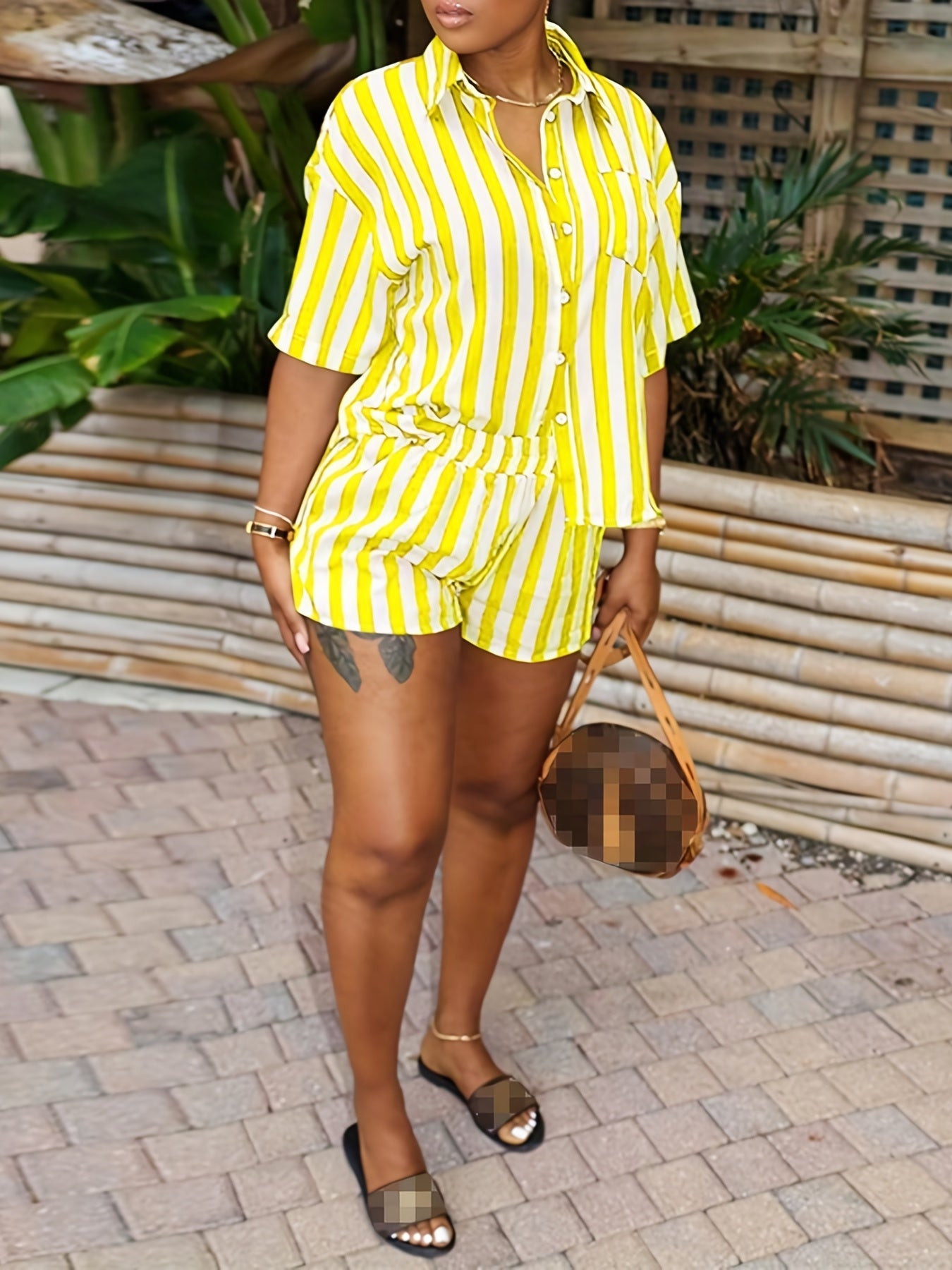 Striped Print Two piece Set Button Front Shirt & Shorts