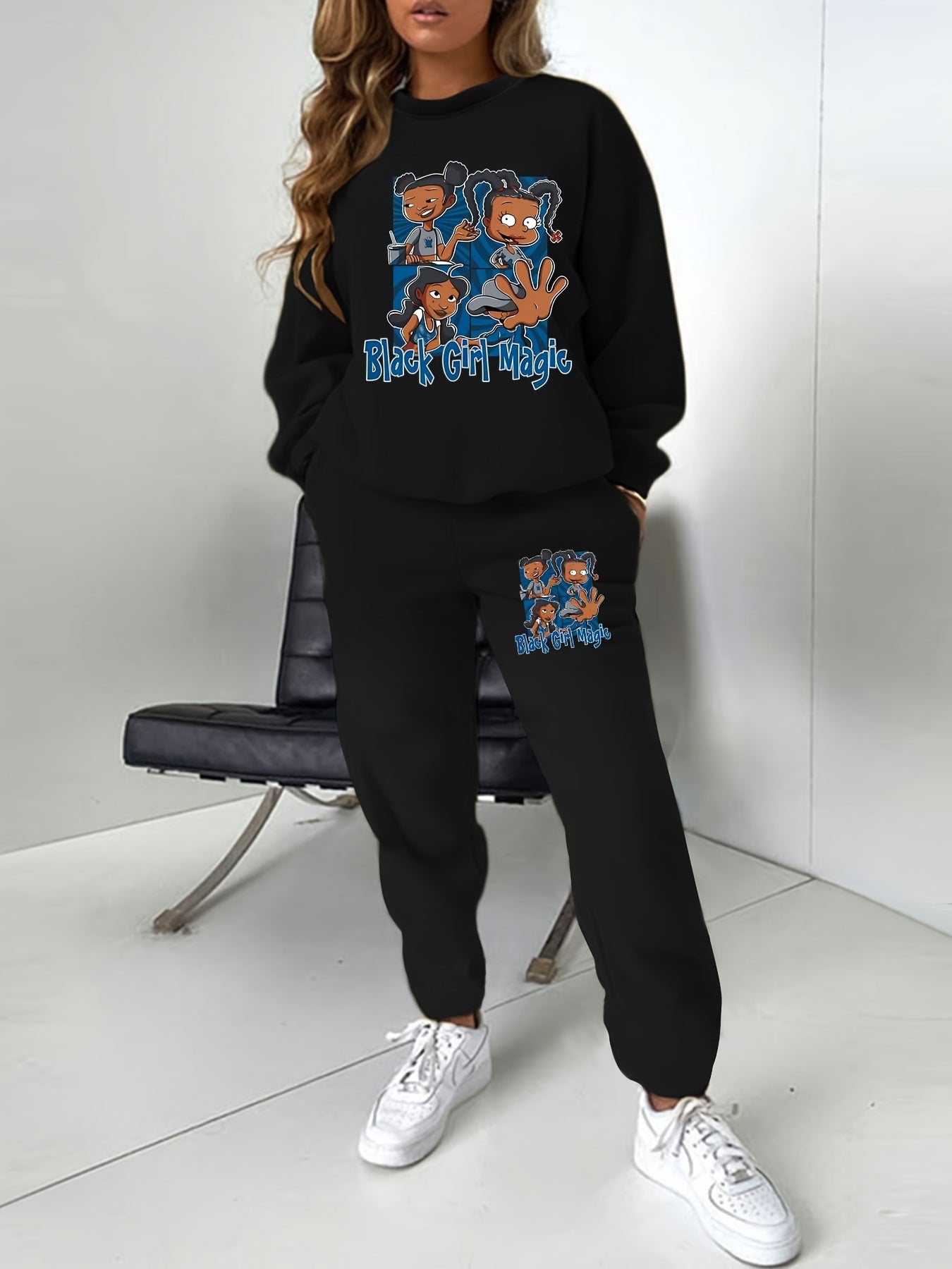 Women's Plus Size Letter & Figure Print Sweatshirt & Joggers Set