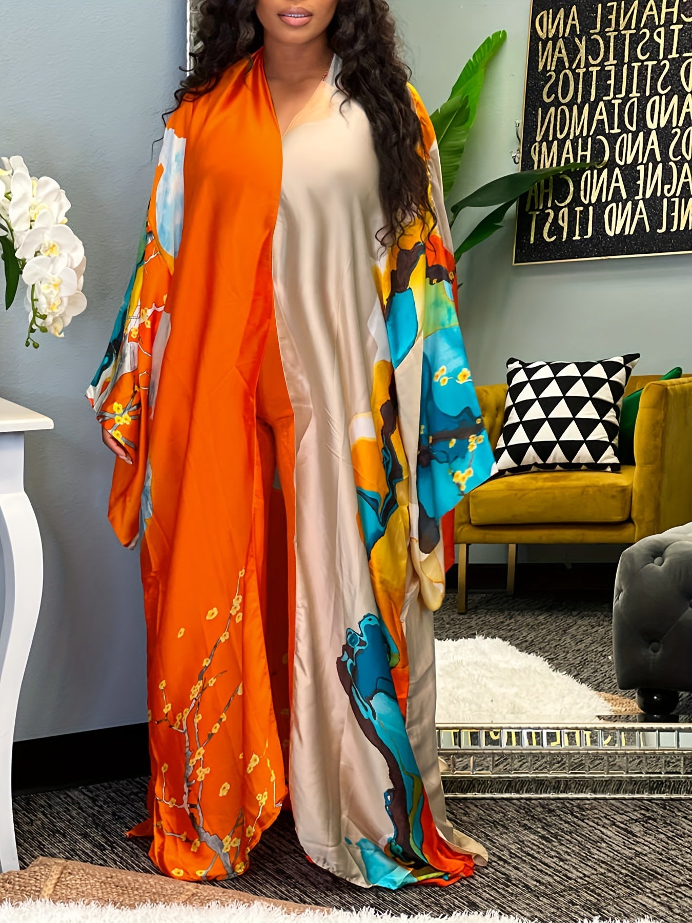 Floral Print Long Sleeve Maxi Cover Up