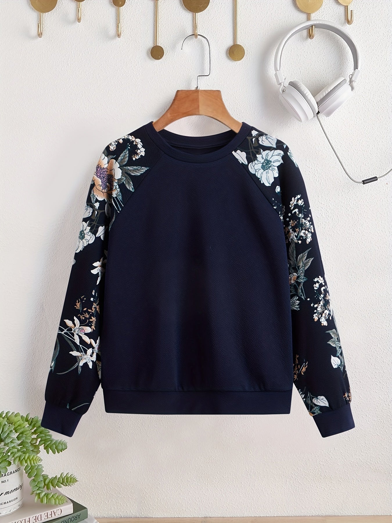 Girls' Raglan Floral Print Casual Sweatshirt Top