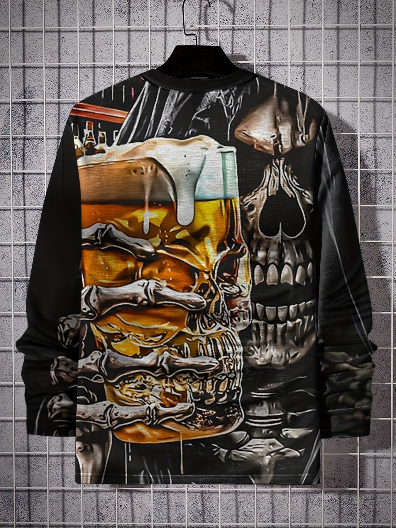 Skull Drinking Beer 3d Print Men's Long Sleeve T-shirt for Autumn