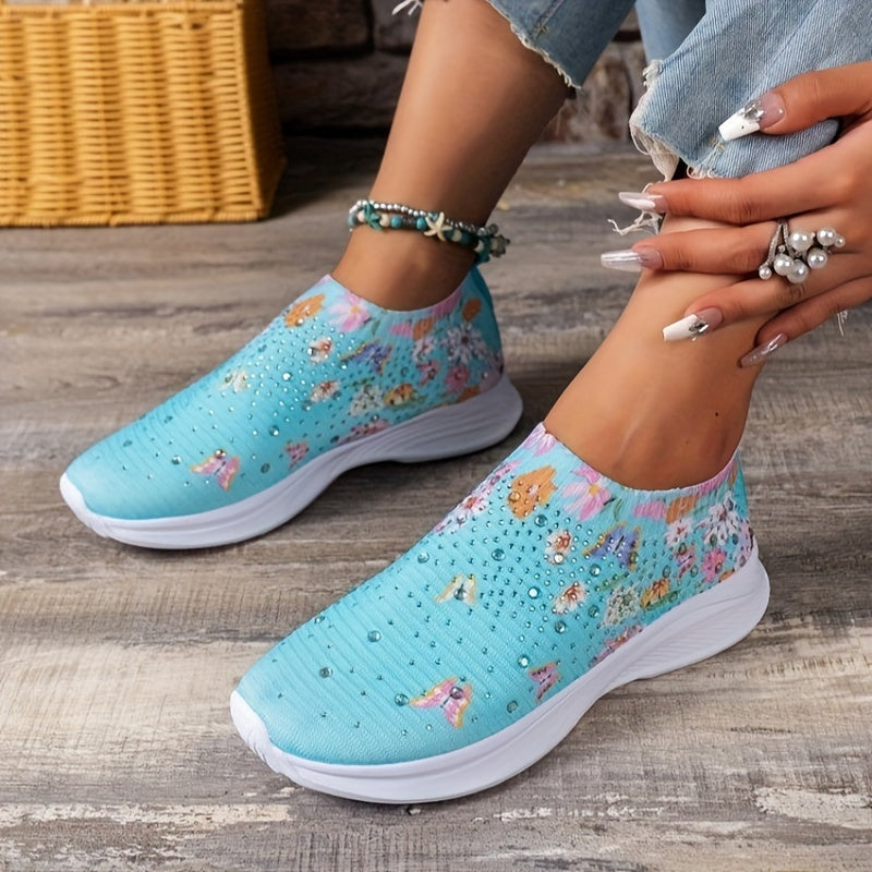 Women's Butterfly Print Sock Shoes Rhinestone Decor Slip On Sneakers