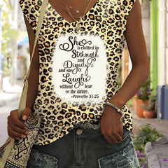 Leopard & Letter Print Tank Top Sleeveless Round Neck Casual Top Spring & Summer