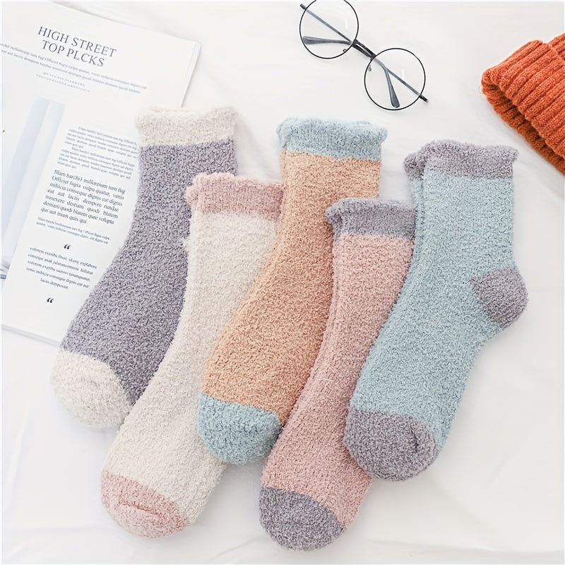 5 Pairs Colorblock Fuzzy Socks Comfy & Warm Women's Stockings