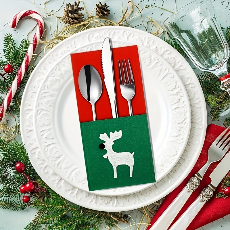 10pcs Christmas Felt Cutlery And Fork Bag Snowman Reindeer Stocking Cover