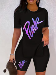 Letter Print 2pc Set Slit T Shirt & Shorts Outfits for Women