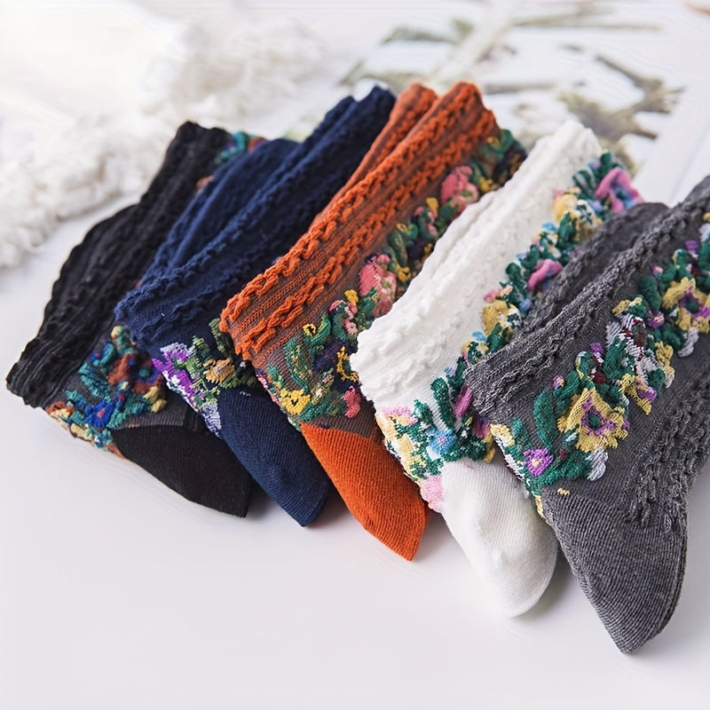 Floral Print Mid Tube Socks Retro Ethnic Style Women's Stockings