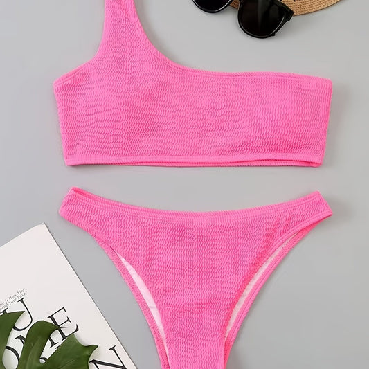 One Shoulder Bikini Set Embossed Striped Print High Cut Two Piece Swimsuit