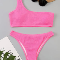 One Shoulder Bikini Set Embossed Striped Print High Cut Two Piece Swimsuit