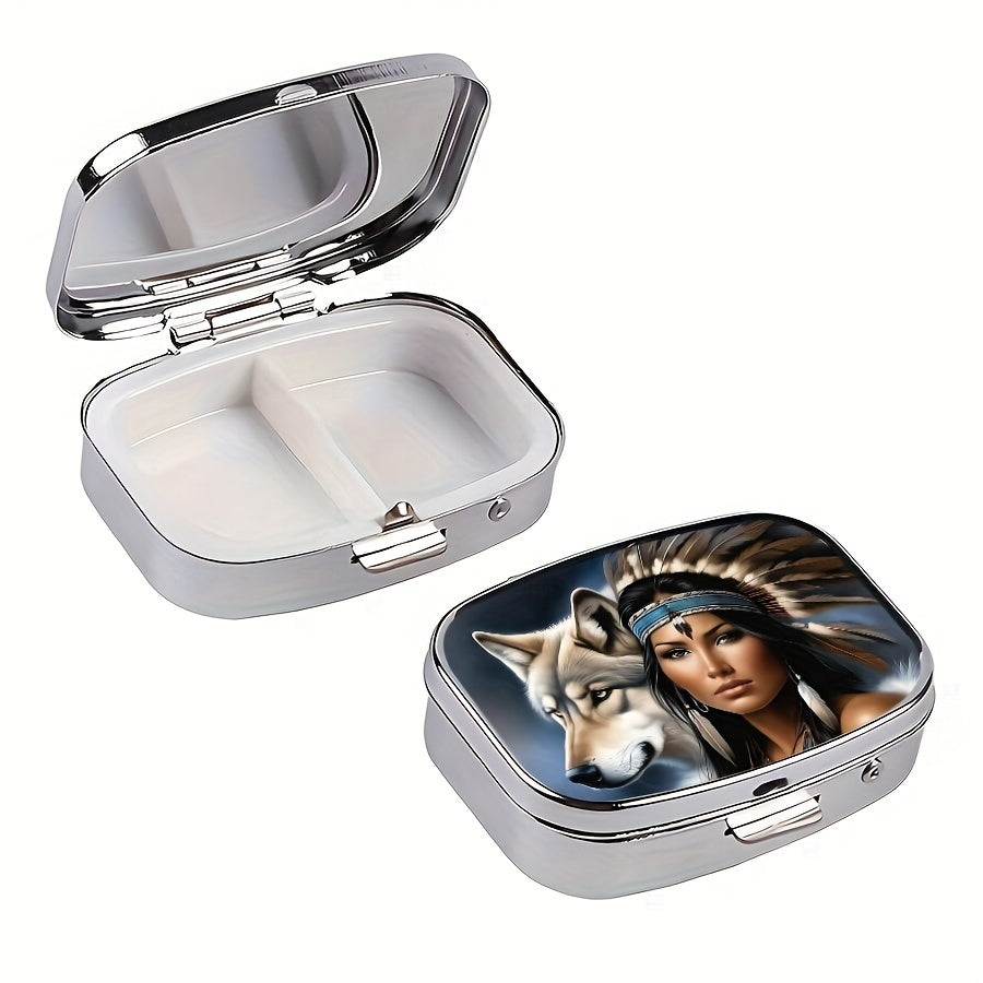 Medicine Organizer Wolf Girl 2 Compartments Metal Storage Box