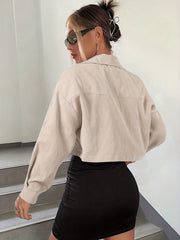 Button Front Flap Pockets Crop Jacket for Women