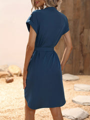 Solid Belted V Neck Dress Short Sleeve Dress Spring & Summer Women's Clothing