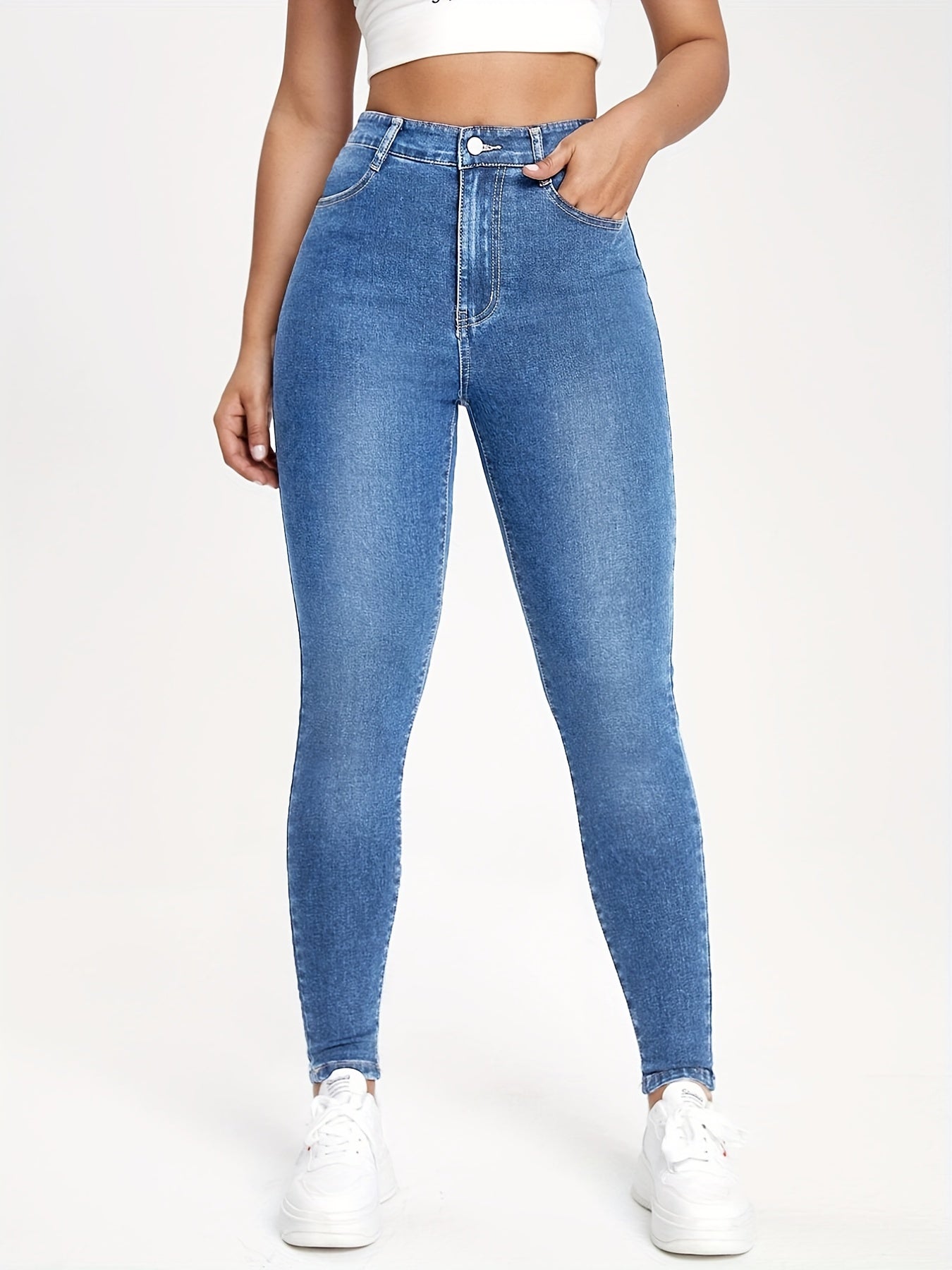 High Waist Skinny Jeans Slim Fit High Rise Slash Pockets Slight Stretch
