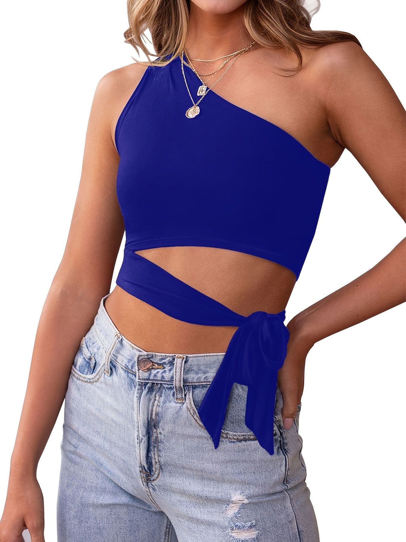One Shoulder Side Tie Tank Top Sleeveless Crop Tank
