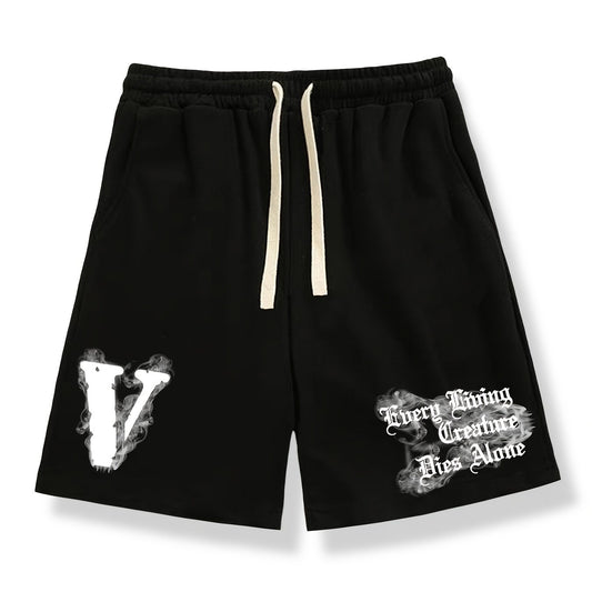 Men's Big V Letter Print Casual Drawstring Shorts