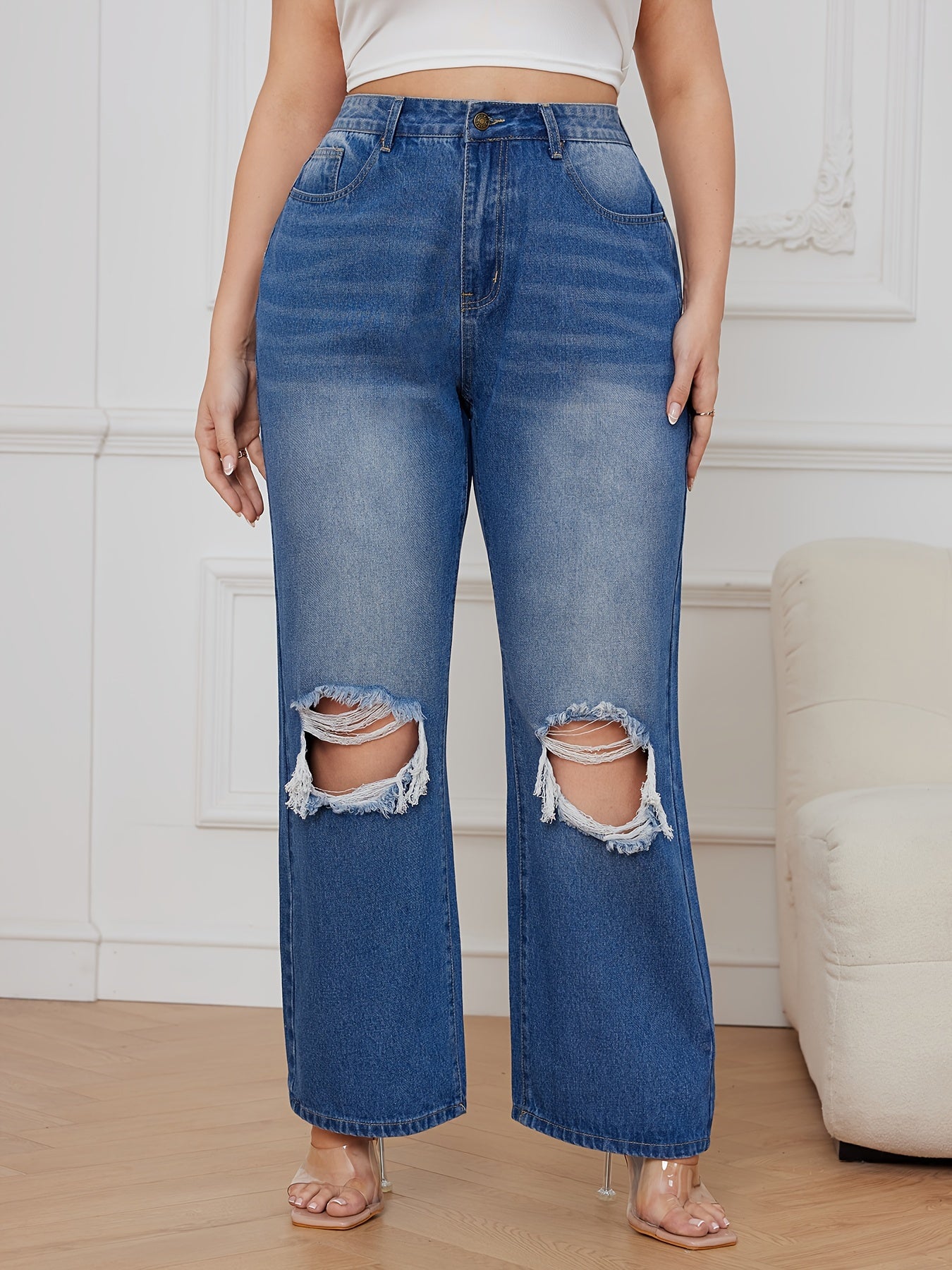 Ripped High Rise Loose Fit Jeans