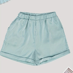 Solid Casual Elastic Waist Wide Leg Summer Shorts With Pockets