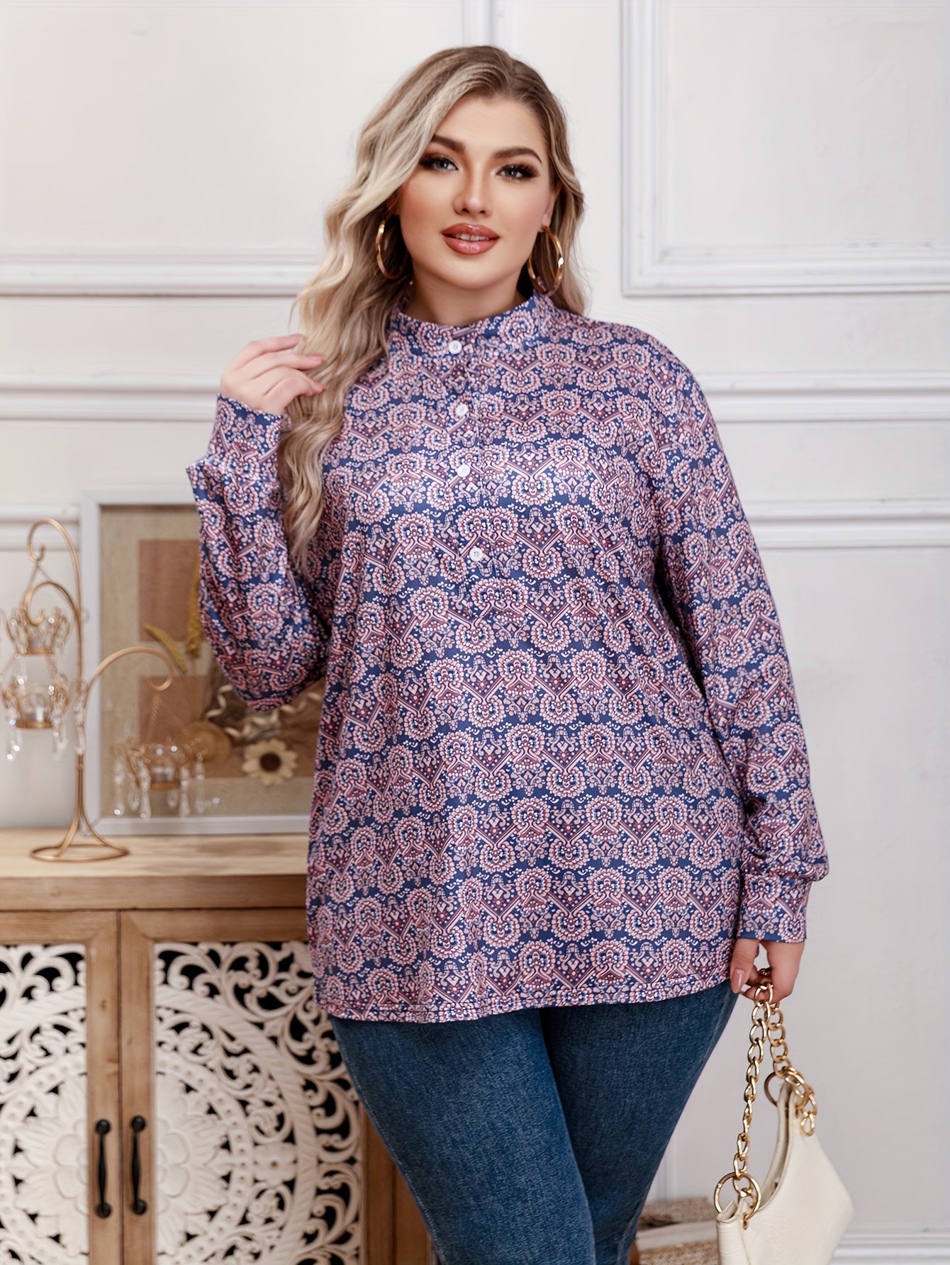 Boho Blouse Women's Plus Allover Print Mock Neck Pullover Shirt Top