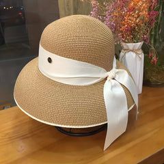 Women Summer Sun Hat Ribbon Cloche Hat Solid UV Protection Travel Beach Hats