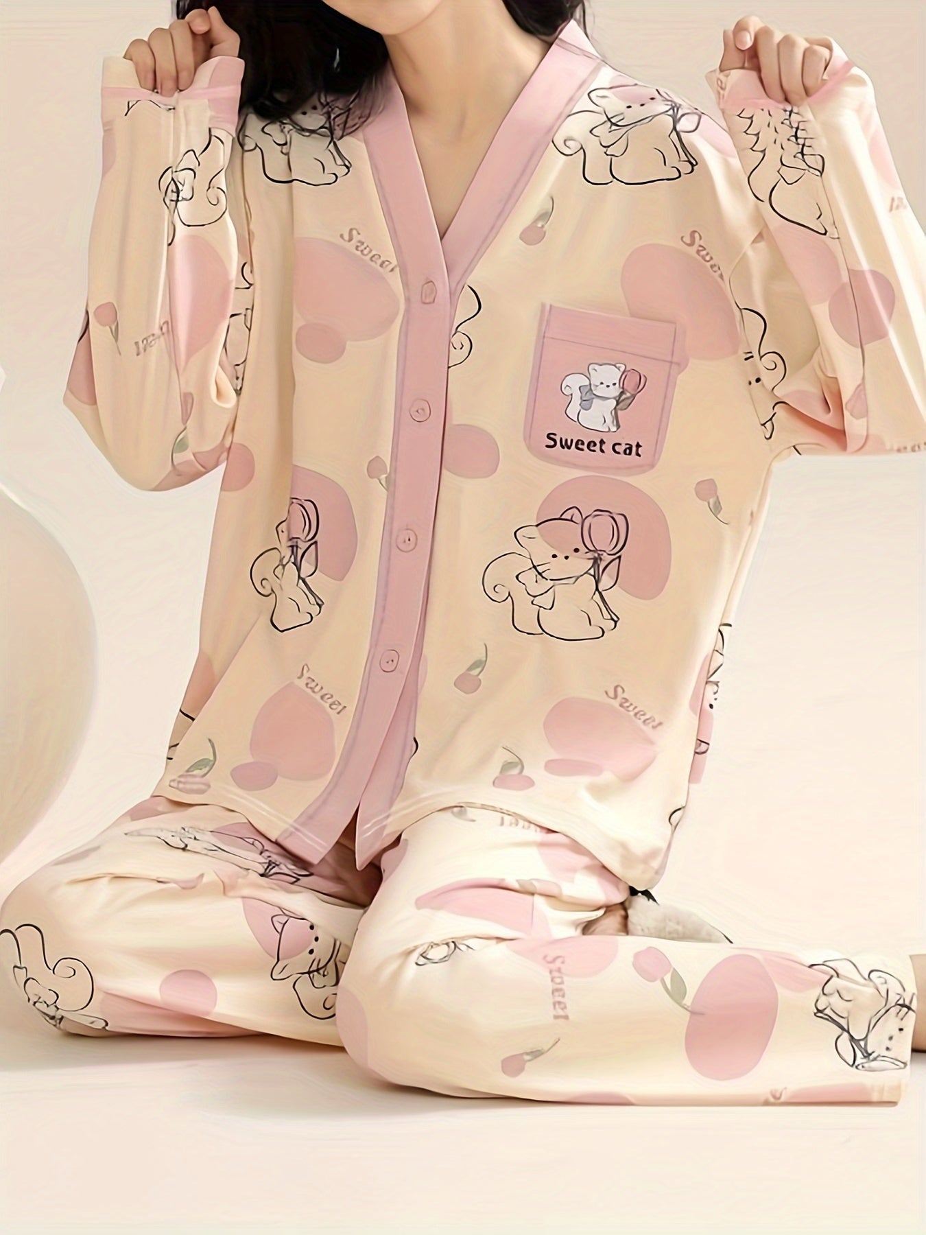 Cartoon Cat Pajama Set Long Sleeve V Neck Top & Elastic Waistband