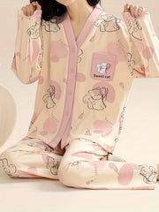 Cartoon Cat Pajama Set Long Sleeve V Neck Top & Elastic Waistband
