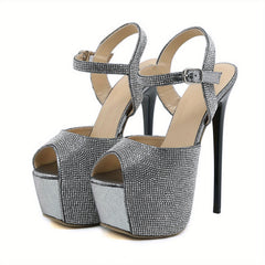 Sparkly Rhinestone Stiletto Heels Peep Toe Pumps Slingback Shoes