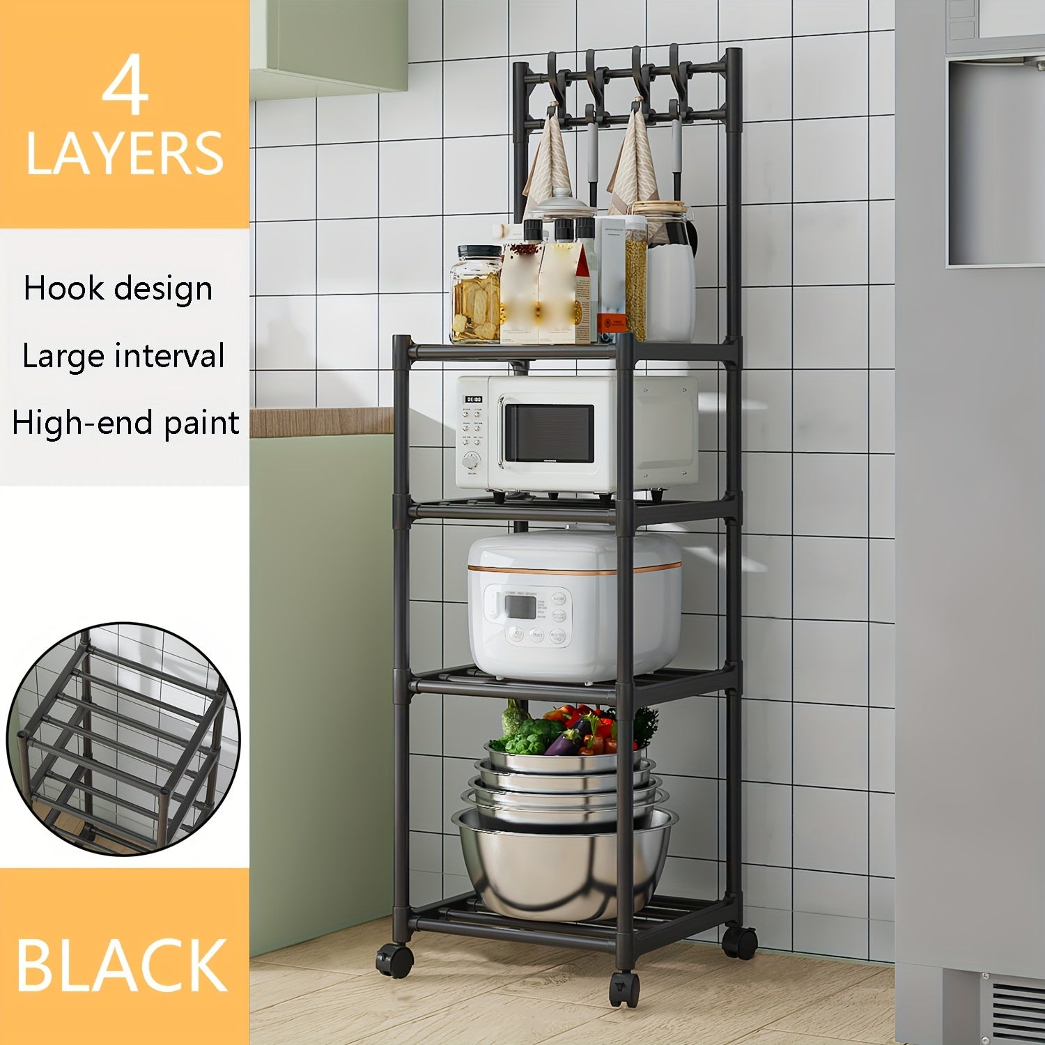 4-Layer Kitchen Shelf with Pulley and Hook, Pot Storage Rack