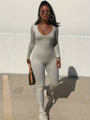 Skinny Crew Neck Jumpsuit Long Sleeve Stretchy Women's Clothing
