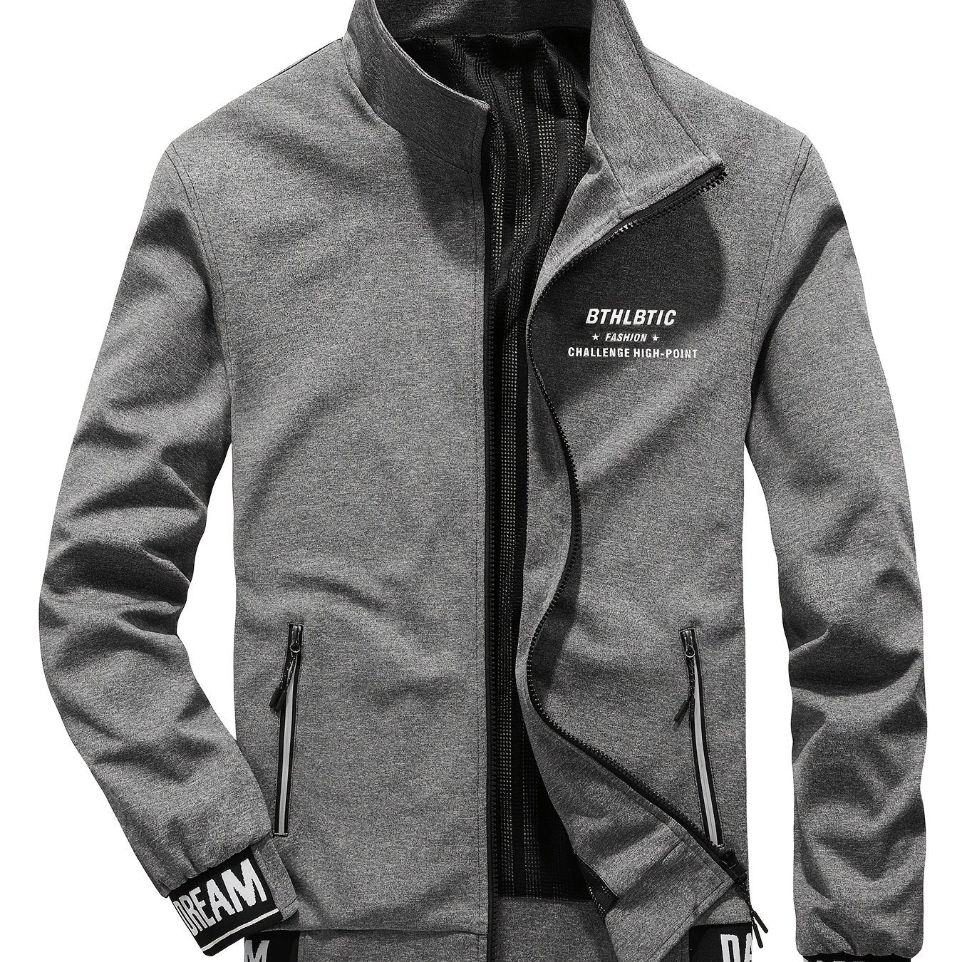 Men's Slim Fit Alphabet Print Zipper Stand Collar Jacket