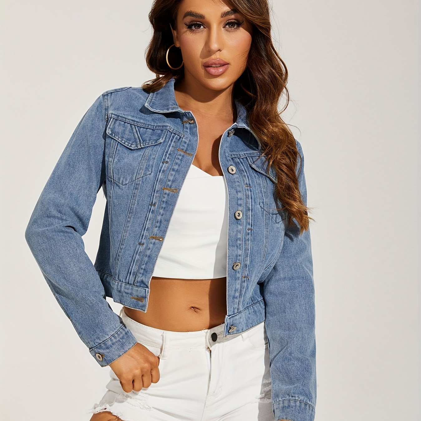 Long Sleeve Denim Jacket Button Front Lapel Coat Women's Denim Clothing