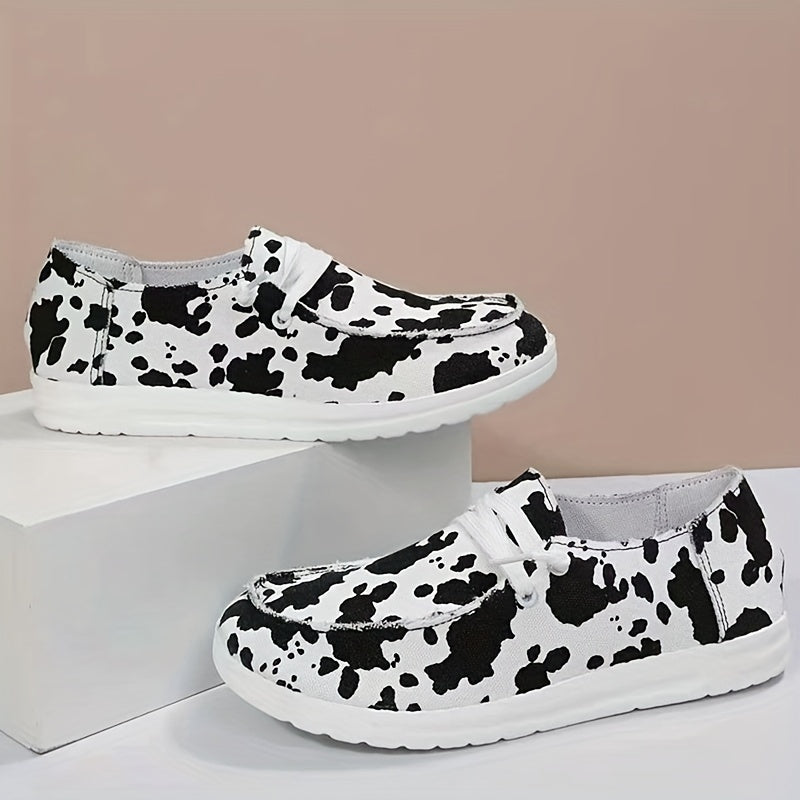 Cow Print Lace Up Sneakers Women's Lightweight Loafers