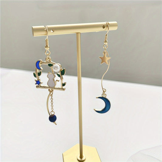 Kitten Moon Star Leaf Tassel Earrings