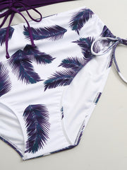 Feather Print Drawstring Layered Top Swimsuit Set