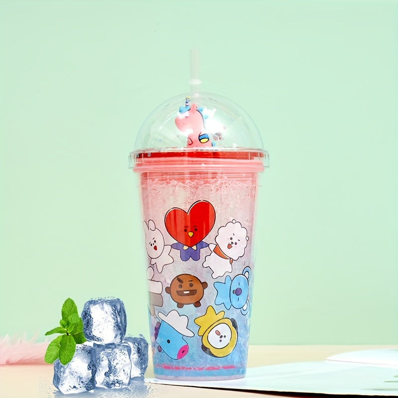 Animal Pattern Plastic Water Cup With Straw