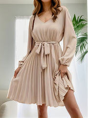 Tie Waist Pleated Dress Lantern Sleeve V neck Dress