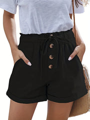 Solid Button Front Shorts Casual Drawstring Elastic Waist Shorts