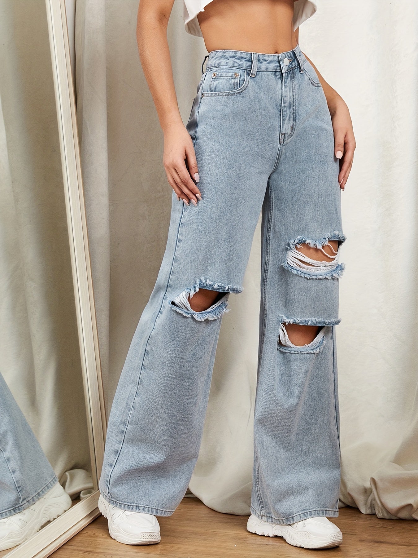 Distressed Loose Fit Wide Legs Casual Denim Pants