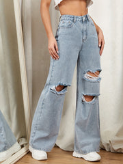 Distressed Loose Fit Wide Legs Casual Denim Pants