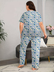Women's Plus Floral Print Pajama Set Short Sleeve Top & Pants Two Piece
