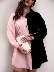 Colorblock Button Up Lantern Sleeve Casual Blouse
