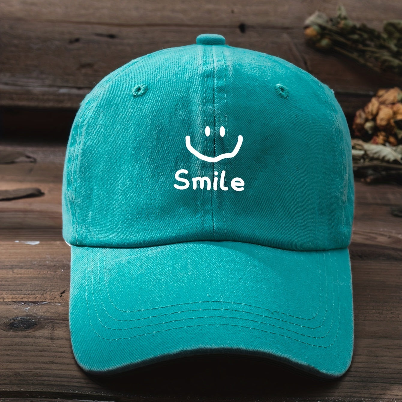 Smiling Face Print Baseball Cap Distressed Cotton Dad Hat