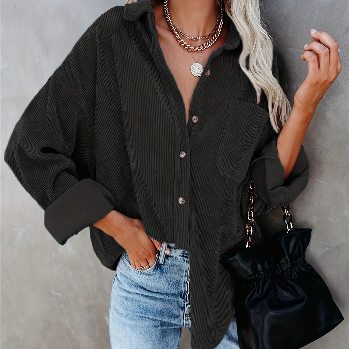 Corduroy V neck Loose Lapel Blouse Casual Button Down Long Sleeve Shirt