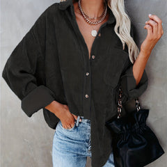 Corduroy V neck Loose Lapel Blouse Casual Button Down Long Sleeve Shirt