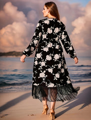 Women's Plus Floral Lantern Sleeve Fringe Dress