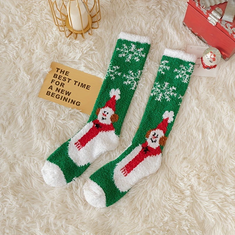 Christmas Print Calf Socks Fuzzy Knee High Socks Women's Stockings