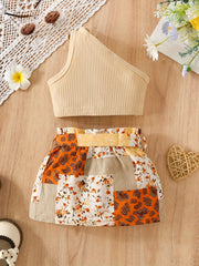 2pcs Baby Girls Cold Shoulder Tops & Flowers Allover Print Skirt