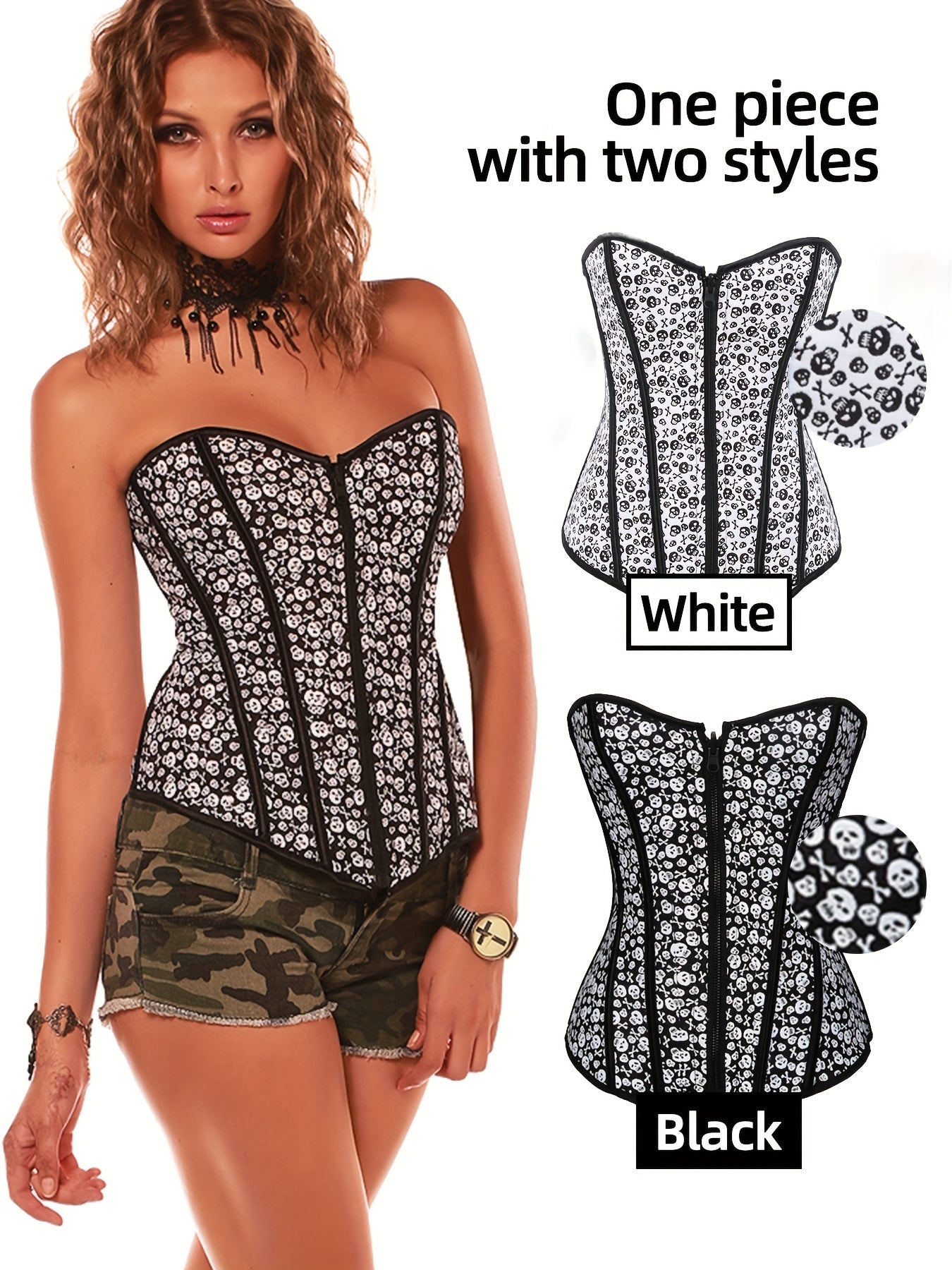 Skull Print Strapless Corset Tummy Control Slimmer Zipper Body Shaper